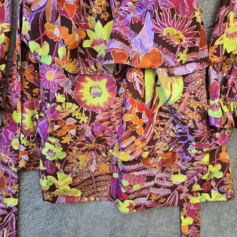 Marie Oliver Tiered Mini Dress Tropical Floral V Neck Long Sleeve Tie Waist XS - Picture 8 of 9